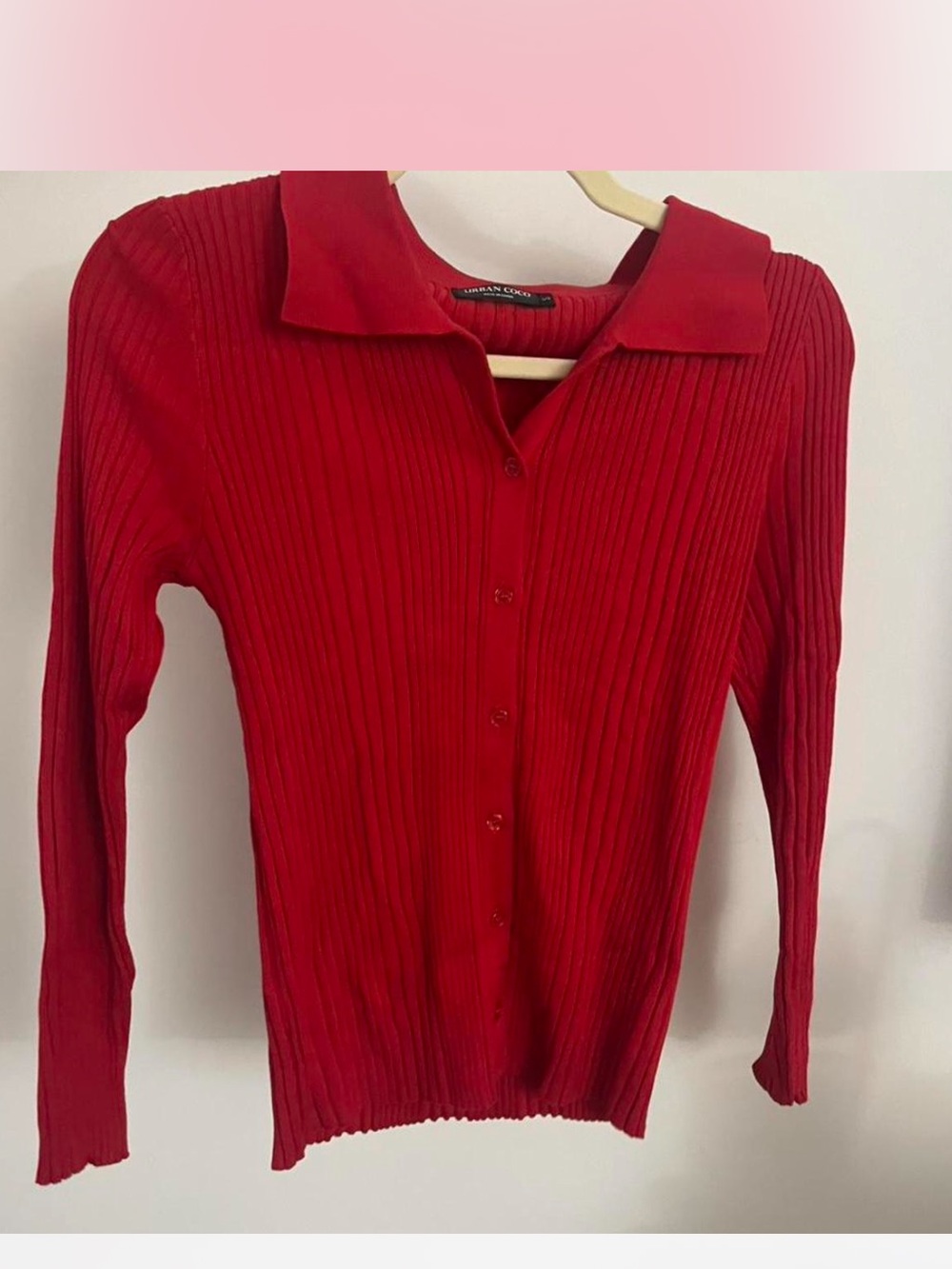 Ribbed Red Button-Down Collared Women's Top